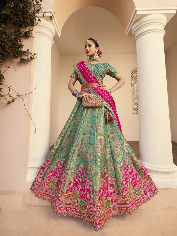 Pure Banarasi Silk Wedding Wear Lehenga in Green Color With Embroidery Work