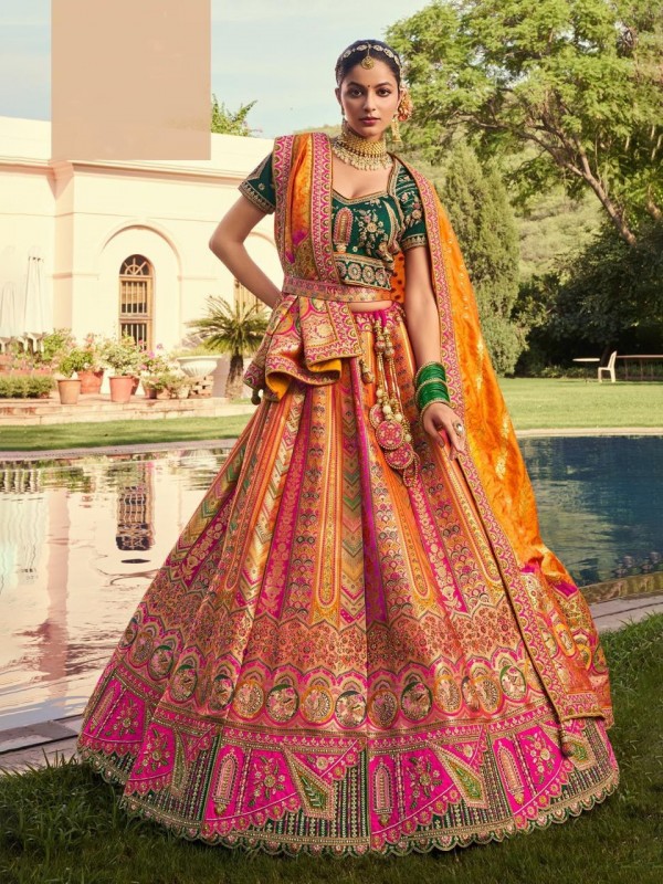 Pure Banarasi Silk Wedding Wear Lehenga in Multi Color With Embroidery Work