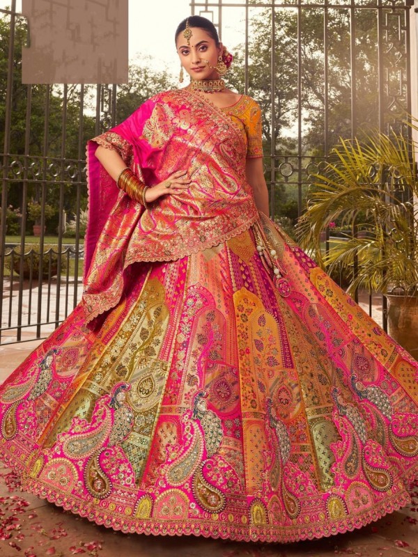 Pure Banarasi Silk Wedding Wear Lehenga in Multi Color With Embroidery Work