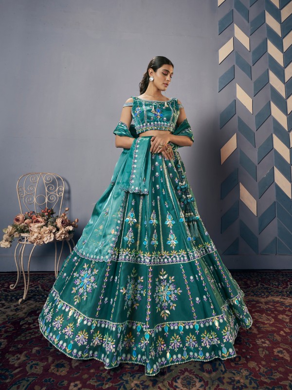 Jimichoo Silk Fabric Wedding Wear Lehenga In Teal Color With HandWork 