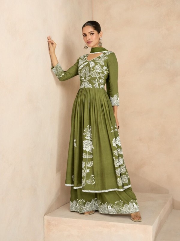 Reyon  Party Wear Sharara in Green Color with  Embroidery Work