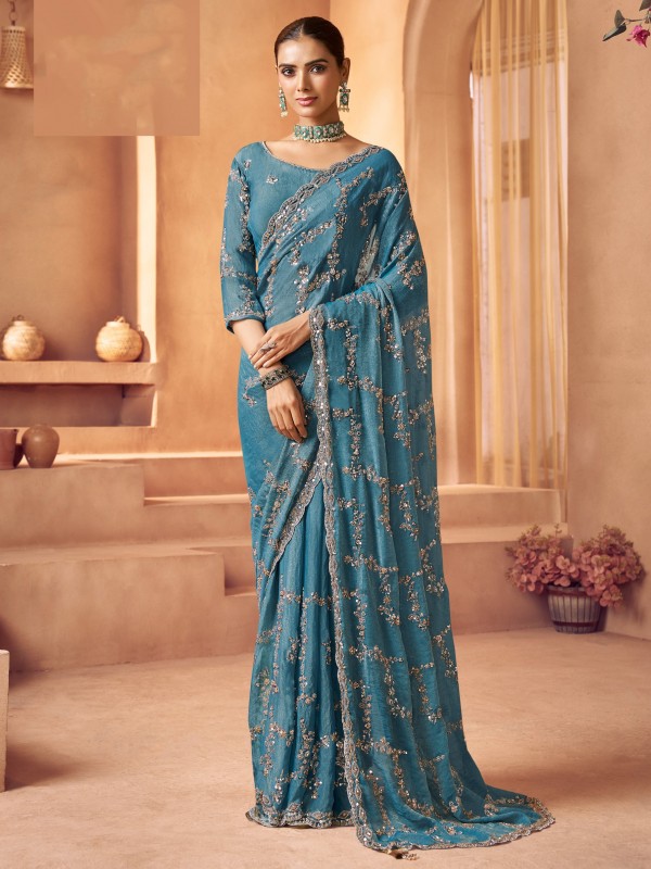 Pure Tissue Fabric Wedding wear Saree In Turquoise Blue Color With Embroidery Work