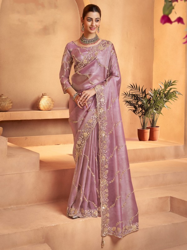 Pure Tissue Fabric Wedding wear Saree In Peach Color With Embroidery Work