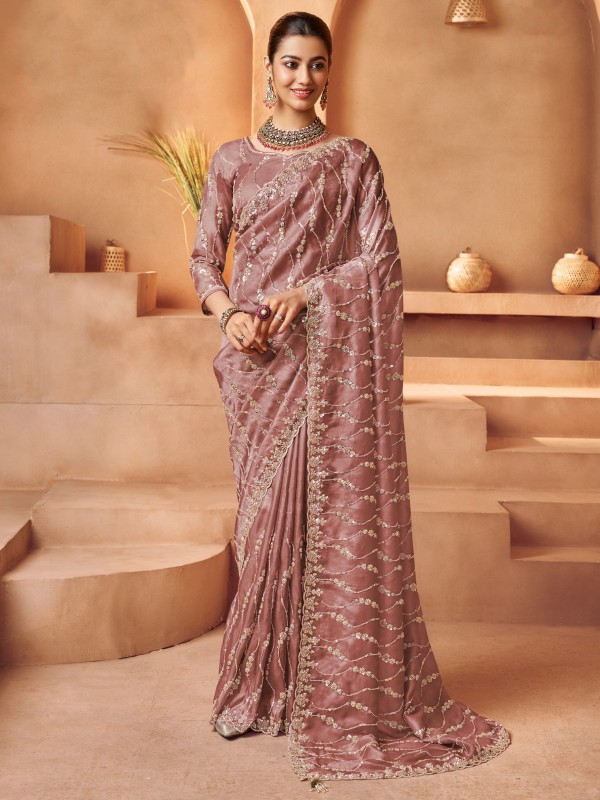 Pure Tissue Fabric Wedding wear Saree In Peach Color With Embroidery Work
