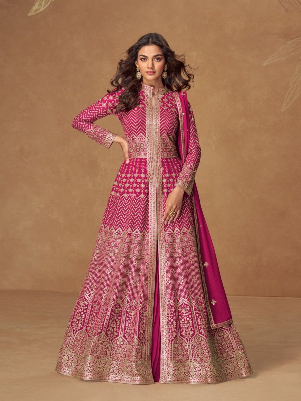 Real Georgette Party Wear Gown In Pink Color with Embroidery Work
