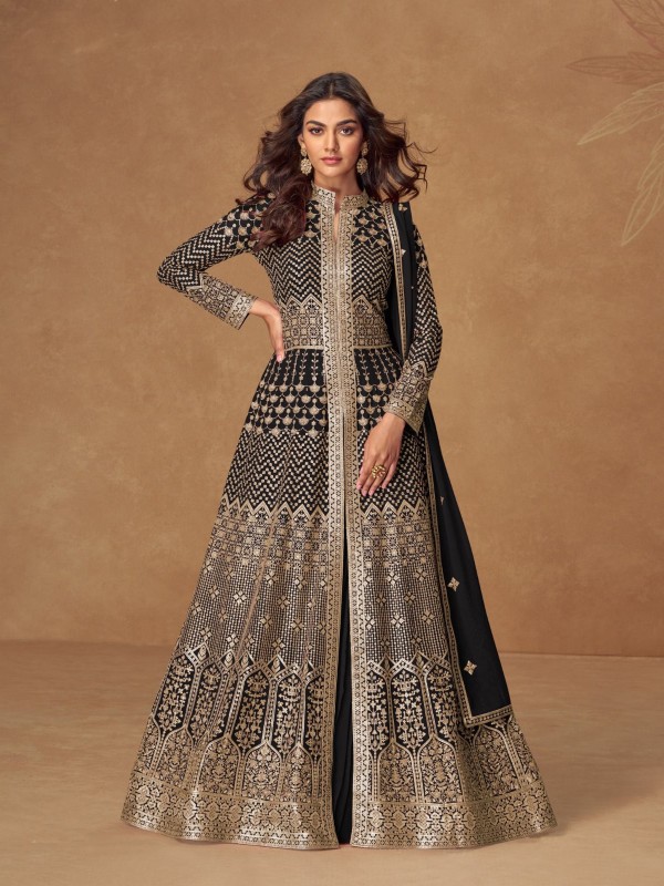 Real Georgette Party Wear Gown In Black Color with Embroidery Work