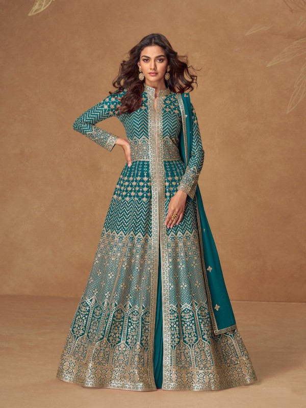 Real Georgette Party Wear Gown In Turquoise Color with Embroidery Work