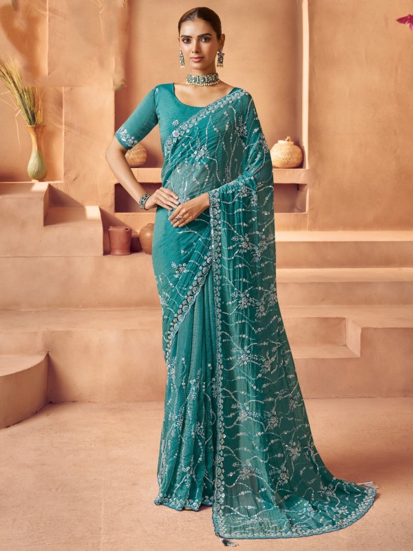 Pure Tissue Fabric Wedding wear Saree In Turquoise Color With Embroidery Work
