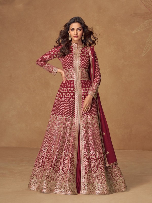 Real Georgette Party Wear Gown In Maroon Color with Embroidery Work