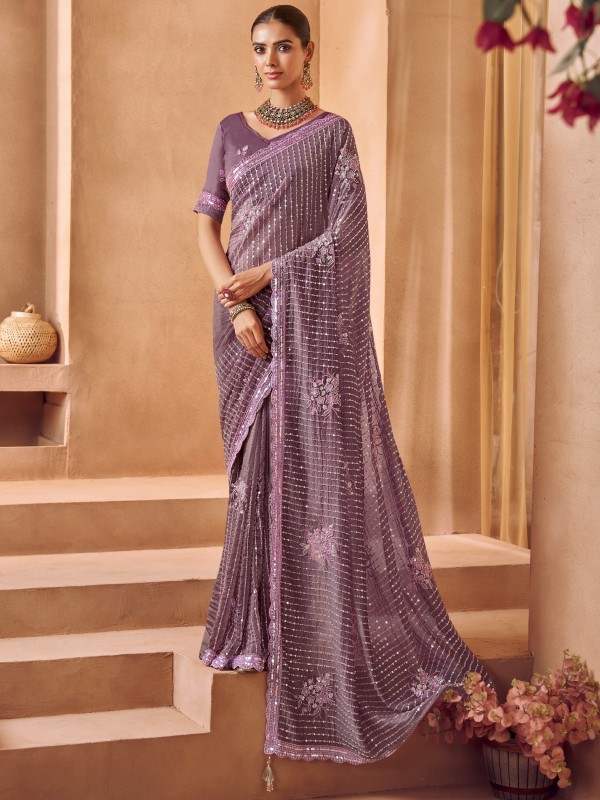 Pure Tissue Fabric Wedding wear Saree In Purple Color With Embroidery Work