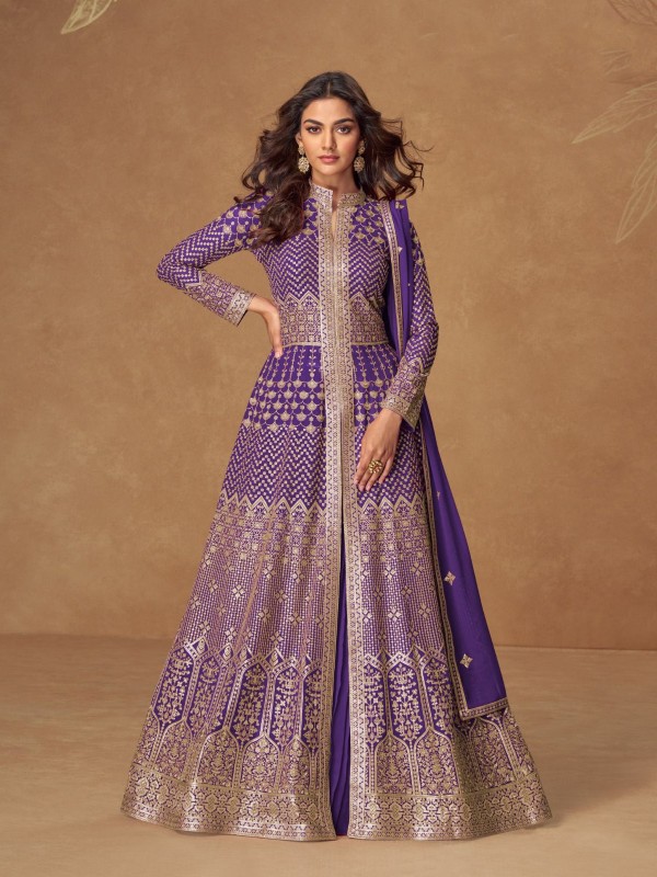 Real Georgette Party Wear Gown In Purple Color with Embroidery Work