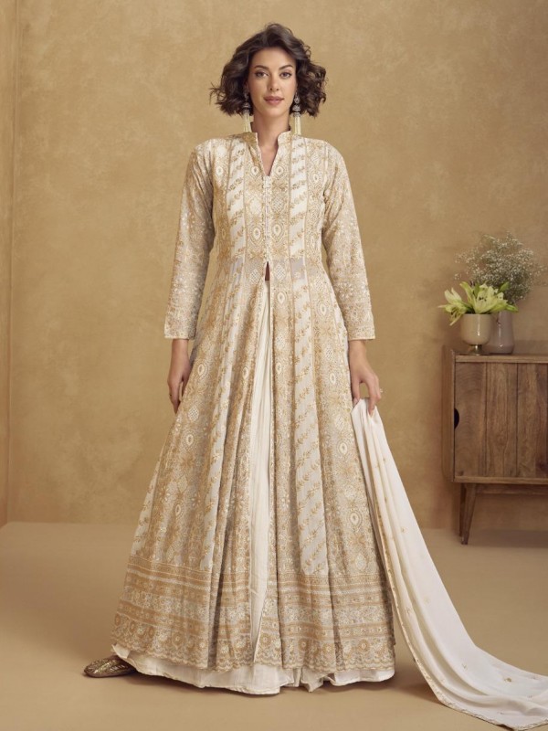 Real Georgette Party Wear Gown In Off White Color with Embroidery Work