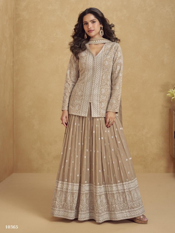 Real Georgette Fabric Party Wear Sharara Beige Color with Embroidery Work