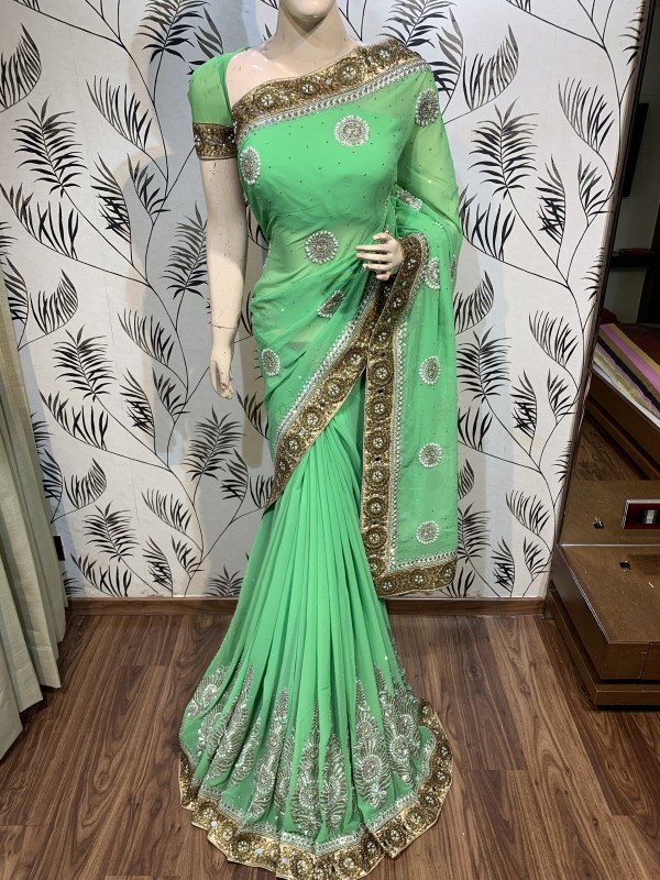 Georgette Party Wear Saree In Green WIth Embroidery Work & Crystal Stone work   