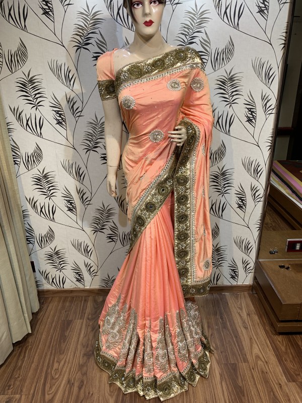 Model Silk Party Wear Saree In Pink WIth Embroidery Work & Crystal Stone work   
