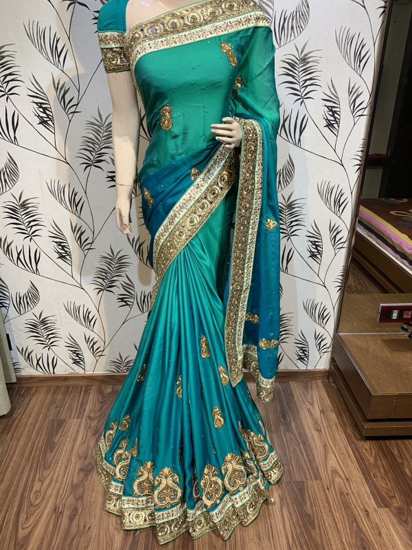 Pure Shadow Silk Party Wear Saree In Light Green WIth Embroidery Work & Crystal Stone work   