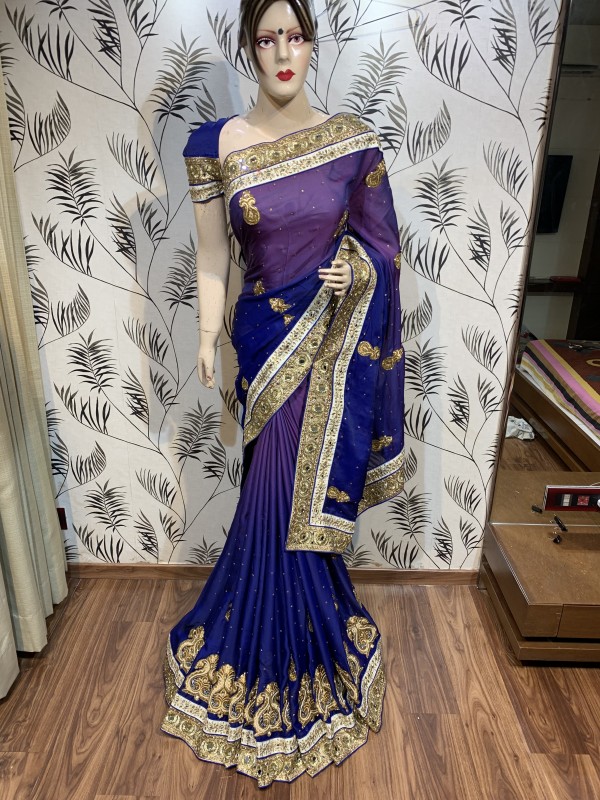 Pure Shadow Silk Party Wear Saree In Blue WIth Embroidery Work & Crystal Stone work   