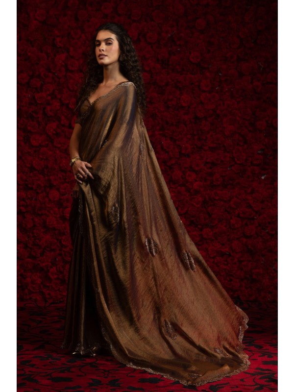 Satin Chiffon Party wear Saree In Brown Color with Swaroskvi Work 