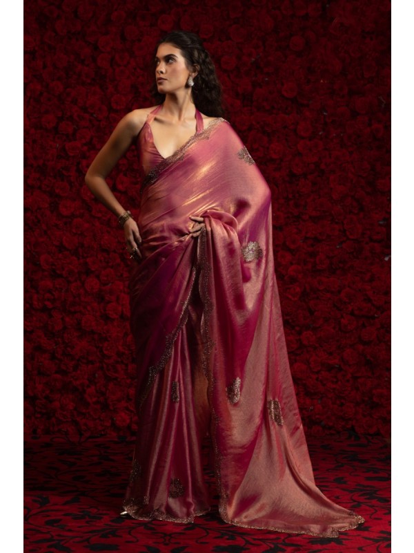 Satin Chiffon Party wear Saree In Pink Color with Swaroskvi Work 