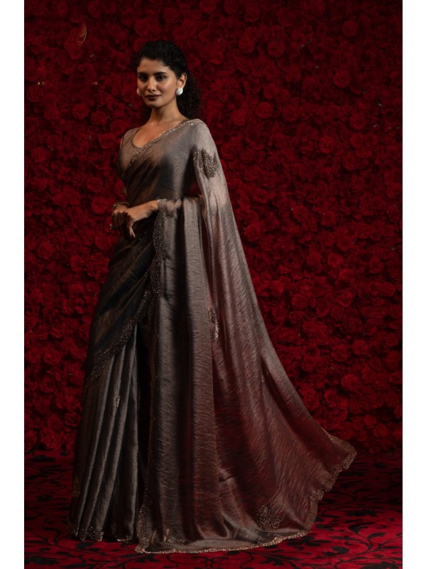 Satin Chiffon Party wear Saree In Grey Color with Swaroskvi Work 