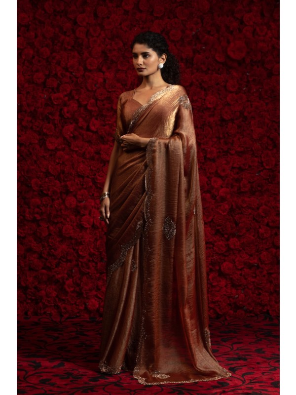 Satin Chiffon Party wear Saree In Brown Color with Swaroskvi Work 