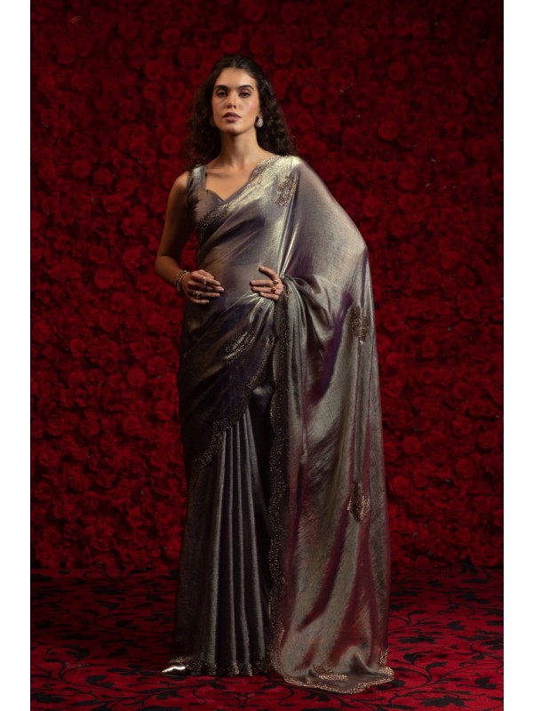 Satin Chiffon Party wear Saree In Grey Color with Swaroskvi Work 
