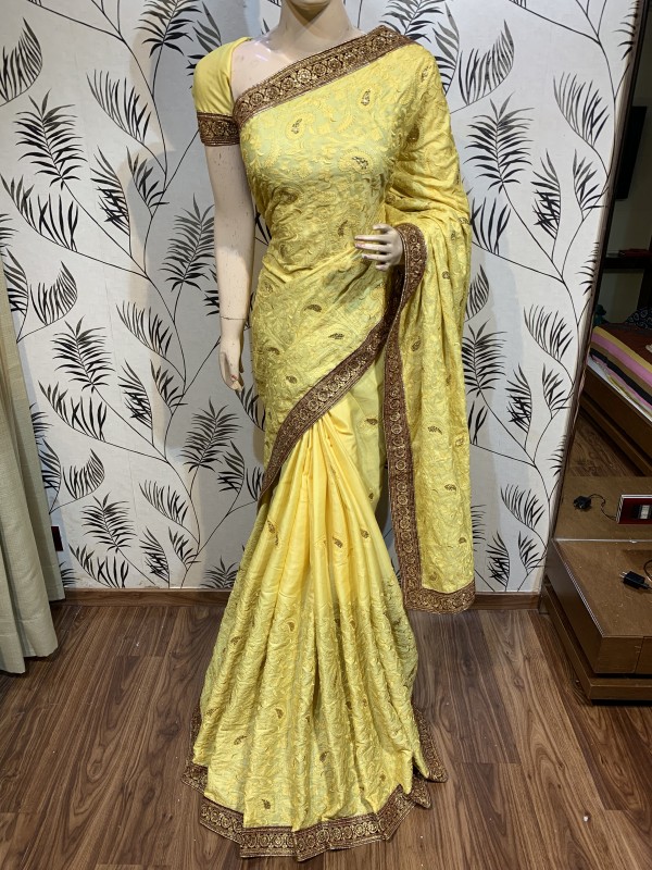 Metallic Silk Party Wear Saree In Yellow WIth Embroidery Work & Crystal Stone work   