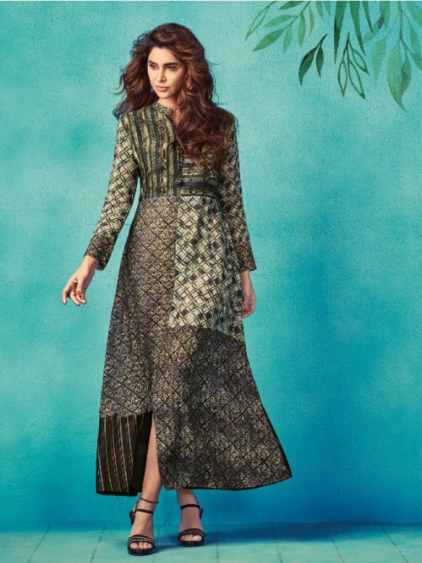 Rayon Long Kurti In Grey Color With Embroidery Work 