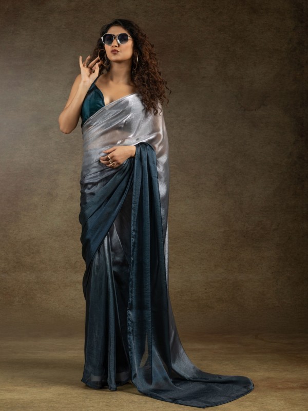 Pure Satin Silk Ready to wear Saree In Grey & Blue Color 