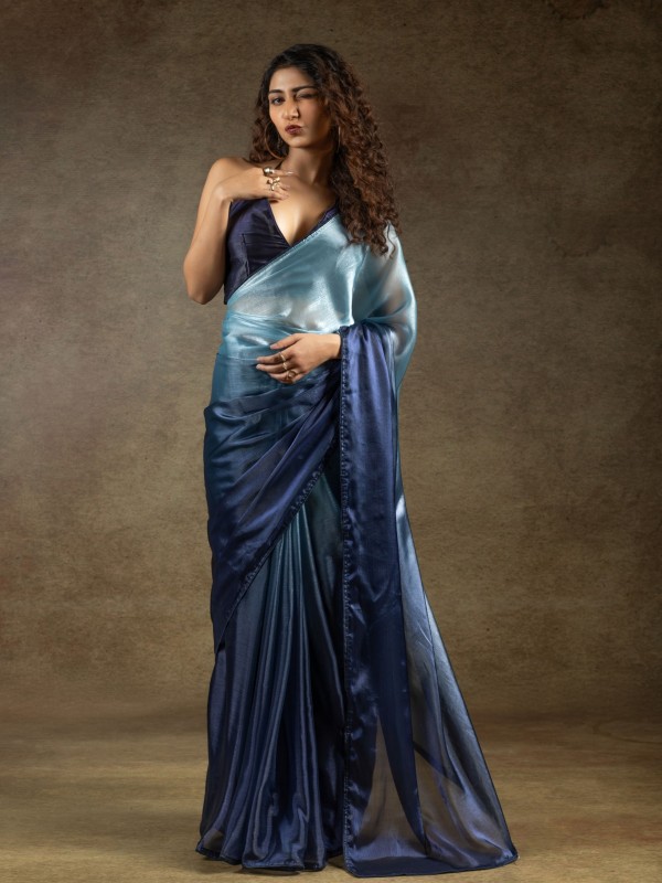 Pure Satin Silk Ready to wear Saree In Blue Color 