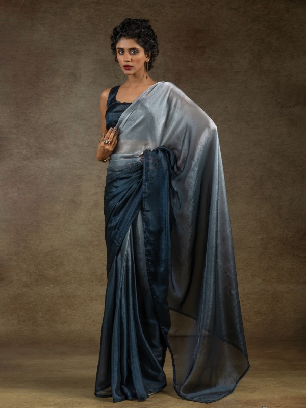 Pure Satin Silk Ready to wear Saree In Grey & Blue Color 