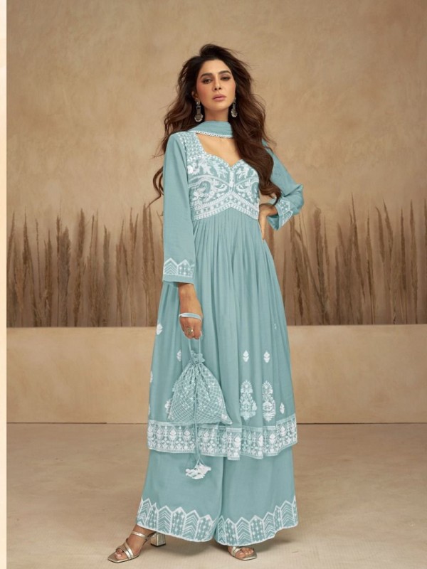 Reyon  Party Wear Plazo in Blue Color with  Embroidery Work