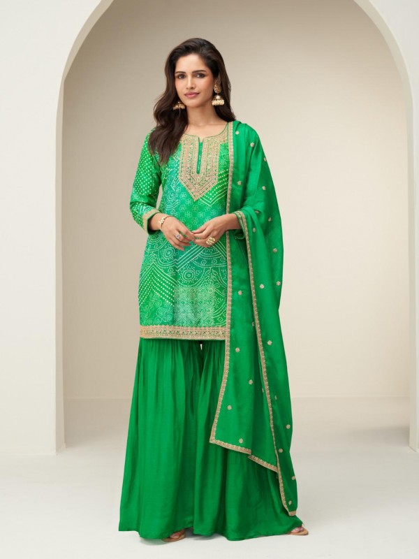 Pure Chinon Silk Party Wear Sharara In Green Color with Embroidery Work