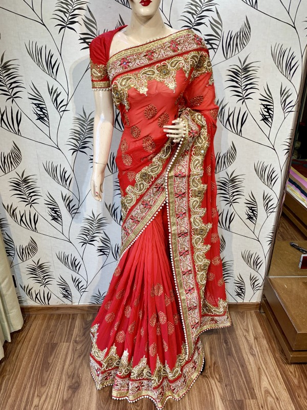 Pure Georgette Wedding Wear Saree In Red WIth Embroidery Work & Crystal Stone work   