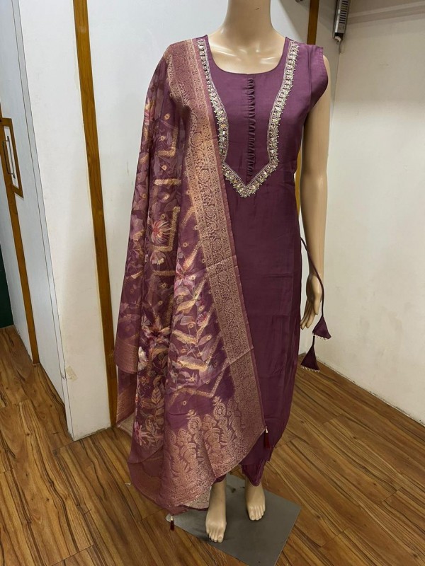 Cotton Silk Party Wear Suit In Wine Color With Embroidery work  