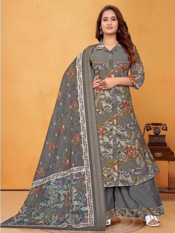 Organza Silk Party Wear Suit In Grey Color With Embroidery work  
