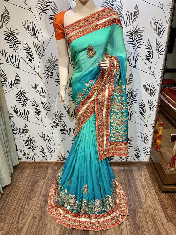 Heritage Silk Wedding Wear Saree In Rama With Crystal Stone Work