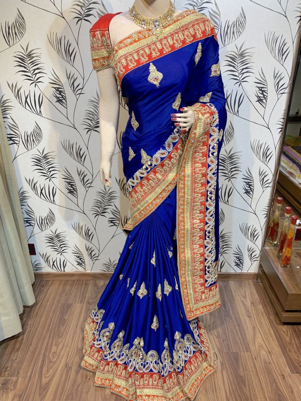 Pure Chiffon Silk Wedding Wear Saree In Blue With Embroidery Crystal Stone Work