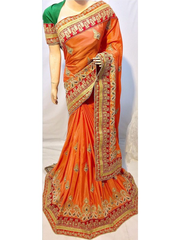Chinon Chiffon Wedding Wear Saree In Orange With Crystal Stone Work