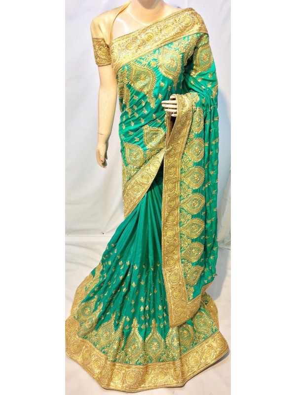 Pure Sateen Silk Wedding Wear Saree In Green WIth Embroidery Work Crystal Stone work   