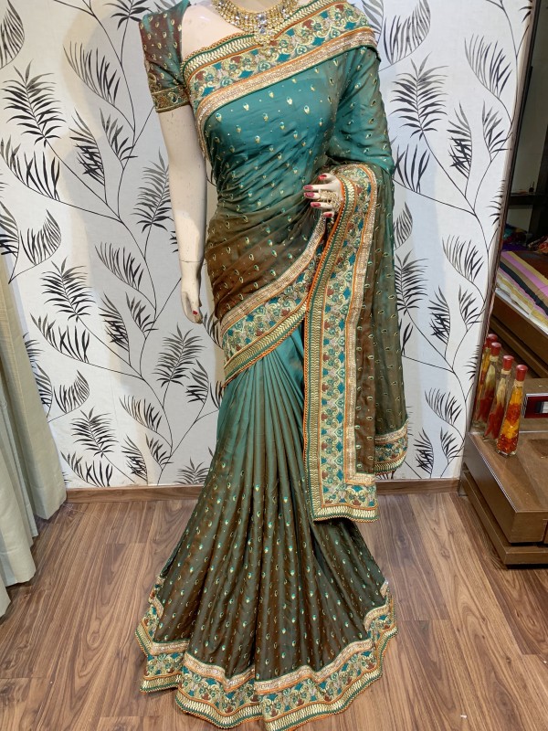 Pure Sateen Silk Bridal Wear Saree In Green WIth Embroidery Work & Crystal Stone work   