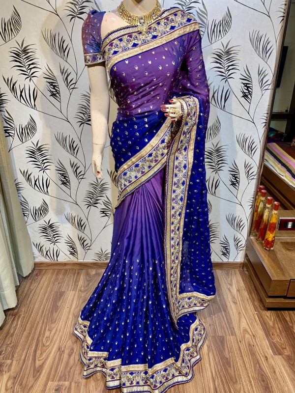 Pure Sateen Silk Bridal Wear Saree In Purple WIth Embroidery Work & Crystal Stone work   