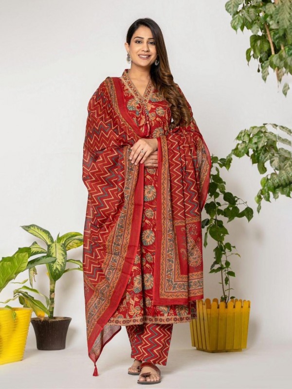 Cotton Silk Party Wear Suit In Red Color With Print work  