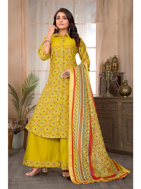 Cotton Silk Party Wear Suit In Yellow Color With Print work  