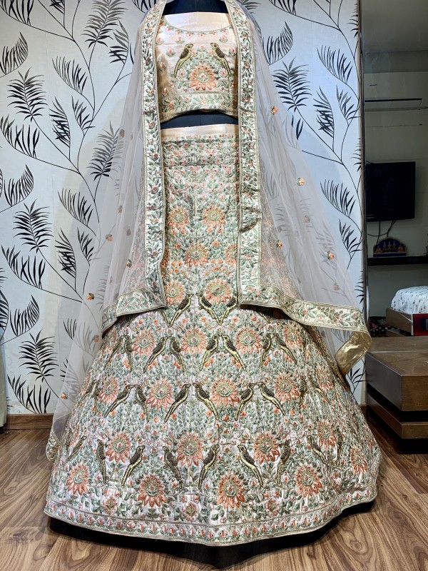 Pure Satin Silk Wedding Wear Lehenga In Peach WIth Embroidery & Crystals Stone Work 