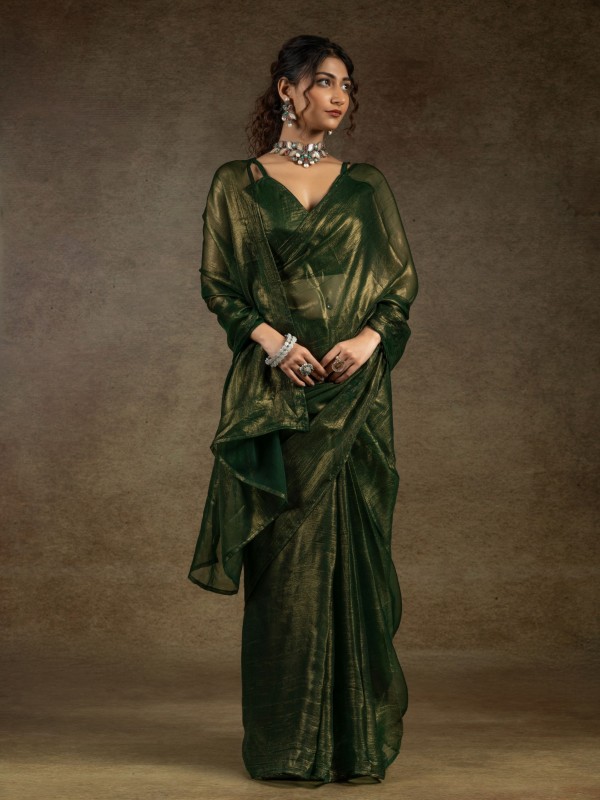Pure Satin Silk Ready to wear Saree In Green Color 