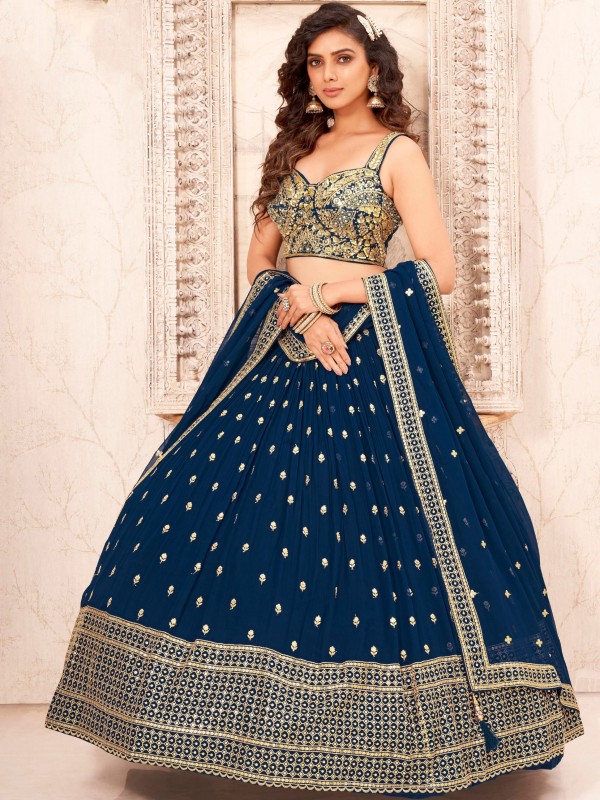 Georgette Fabrics  Wedding Wear Lehenga in  Blue  Color With Embroidery Work