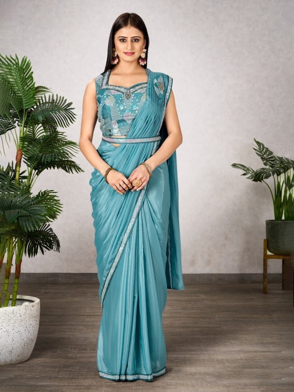 Shimmer Georgette Silk Ready to wear Saree In Sky Blue Color 