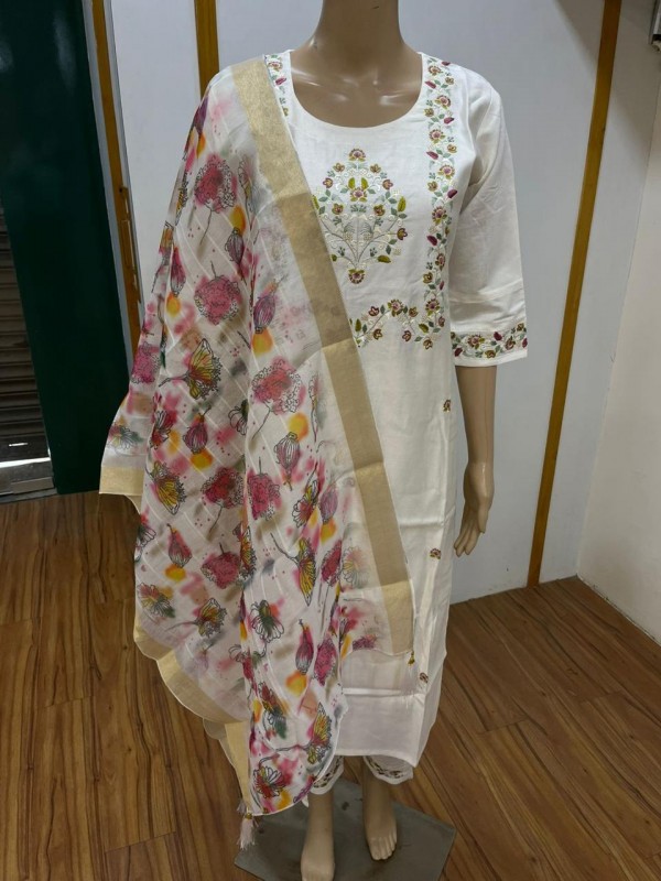 Cotton Silk Party Wear Suit In Off White Color With Embroidery work  