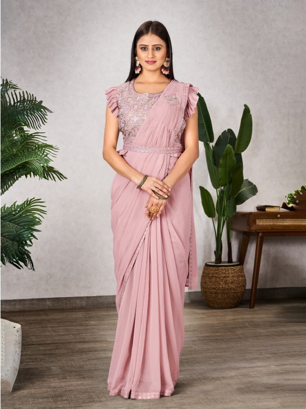 Shimmer Georgette Silk Ready to wear Saree In Light Pink Color 